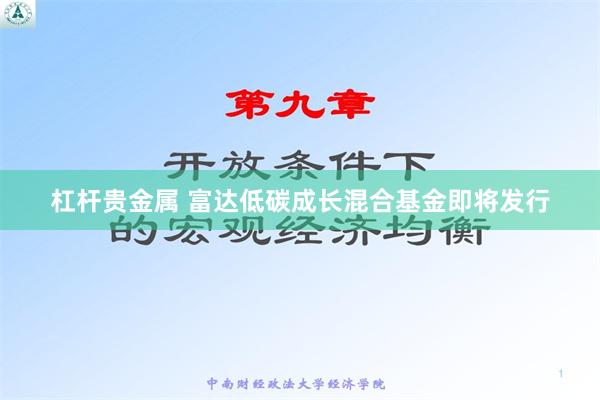 杠杆贵金属 富达低碳成长混合基金即将发行